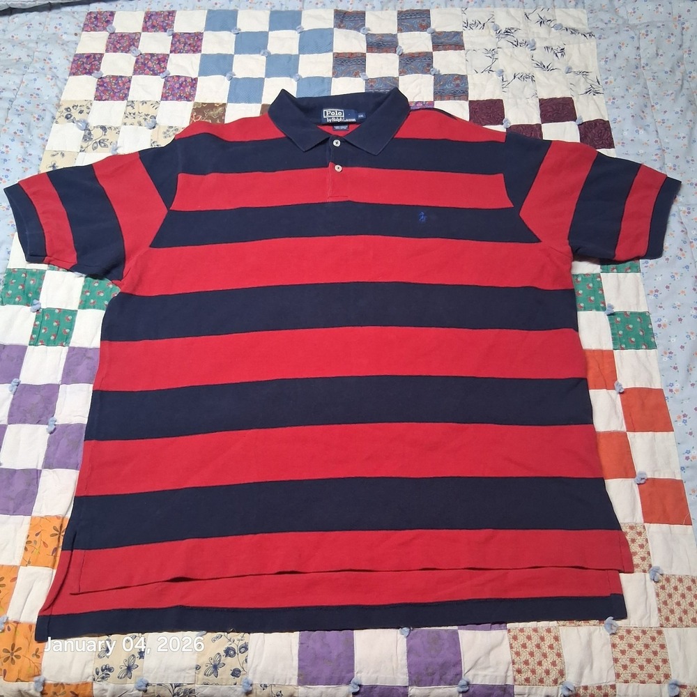 VTG Polo by Ralph Lauren Shirt Size 2XL Red Blue Striped Cuffed Sleeve Pony